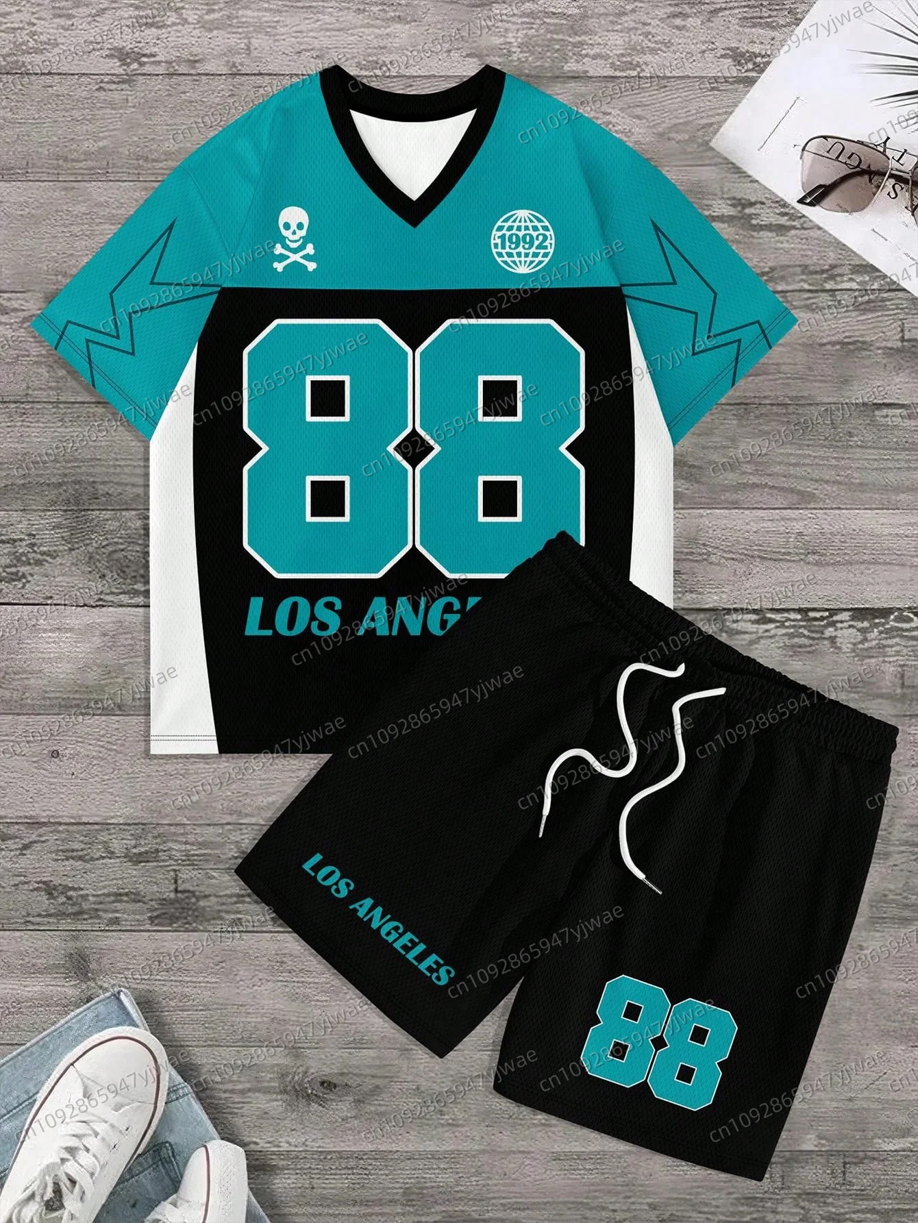 

Men's Letter NO.23 Print Short Sleeve T-Shirt & Shorts Set V-neck Gradient Short Sleeved Women's T-shirt Shorts Set