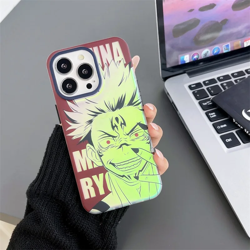 Cute Japan Anime Jujutsu Kaisen Ryomen Sukuna Phone Case For iPhone 15 14 13 12 11 Pro Max Cartoon Gojo Aurora Laser Back Cover