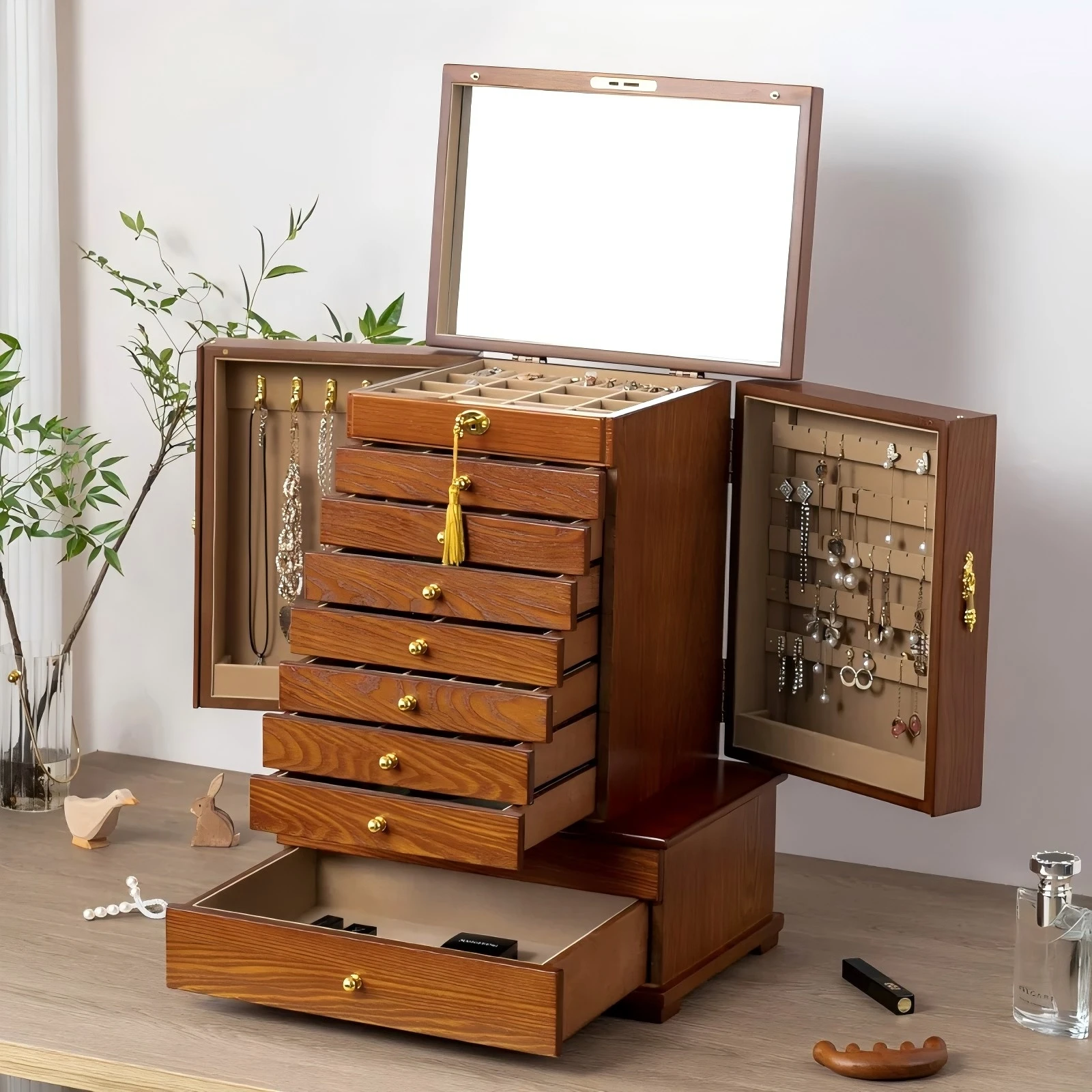 10-layer solid wood jewelry box large capacity high-end exquisite wooden new jewelry cabinet bracelet necklace jewelry storage