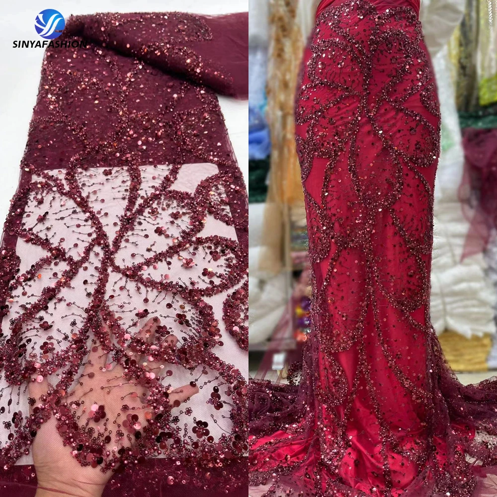 Sinya Burgundy Wine Luxury Sequins Bridal Wedding Lace Fabric 2024 High Quality Heavy Beaded Lace Fabrics For Women Dress