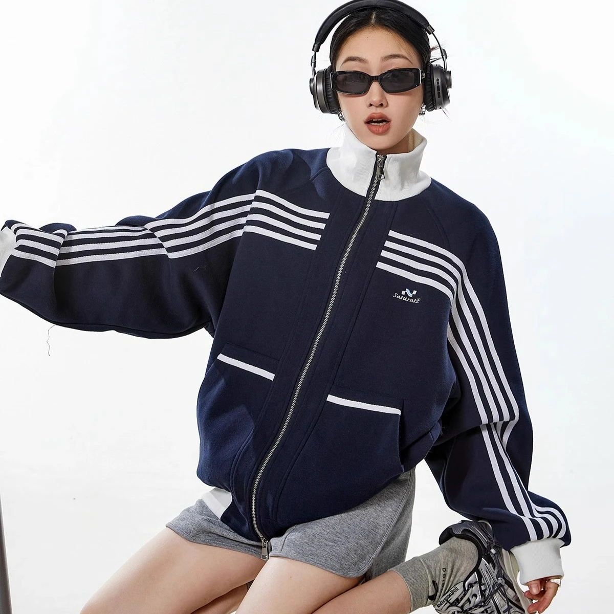 Vintage Sweatshirts for Women Streetwear Zip Jacket Striped Stand Collar Zip Up Cardigans Men Fashion Spring Women Y2k Clothes