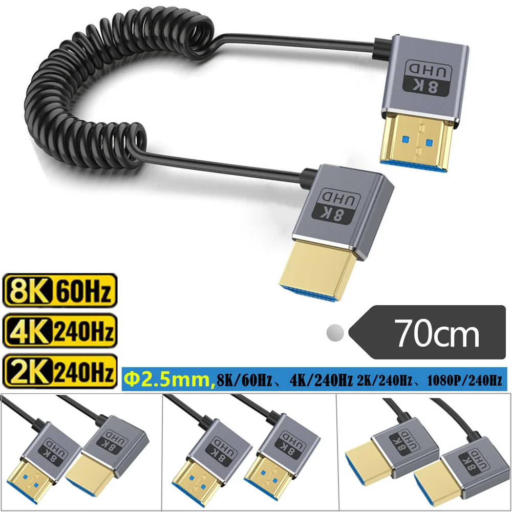 Coiled Coaxial HDMI 8K HDMI 2.1 Cable Ultra High Speed 48Gbps Ultra Thin HDMI Cord Φ2.5mm, 8K@60Hz, 4K@240Hz, Dynamic HDR, eARC