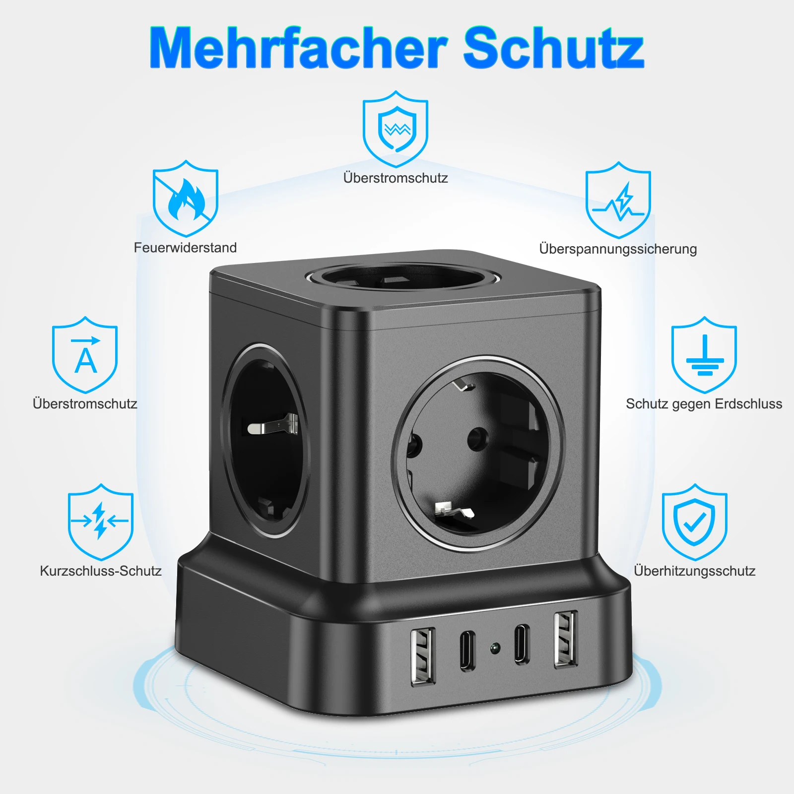 European Desktop Power Strip Tower Fast Charging Station with 2 USB-C 2 USB-A, Power Socket Surge Protector with 1.8m Cable