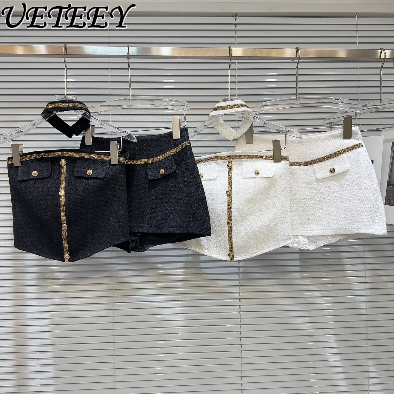 

2025 Summer New Sexy Celebrity Slimming Zipper Sling Hot Diamond Collar Tube Top + Tweed Short Skirt Fashion Two-piece Set