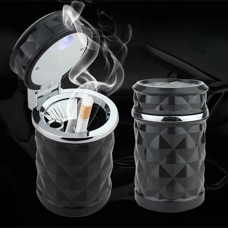 

LED Light Car Ashtray Universal Alloy Ash Tray Aluminum Cup Smokeless Auto Ashtray Flame Retardant Cigarette Cylinder Holder Box