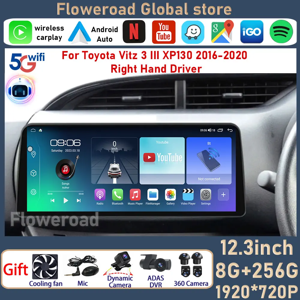 

Android все в одном для Toyota Vitz 3 III XP130 2016-2020, правый руль, интеллектуальная система, автомобильный радиоприемник, мультимедийный блок 2 Din