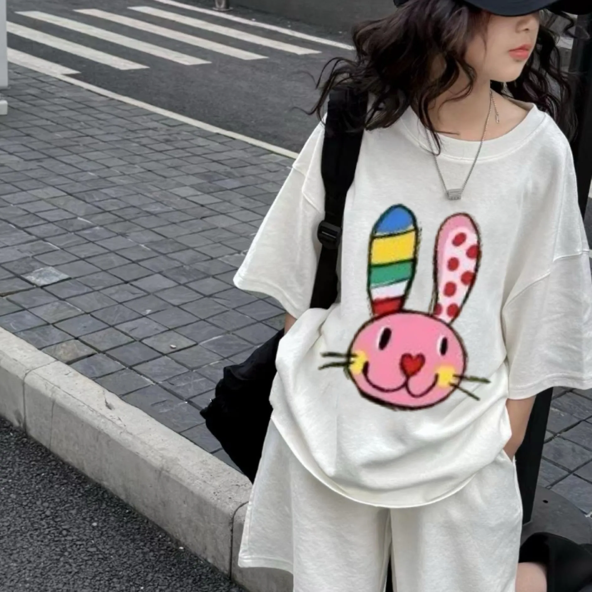 

Girl Clothes thin fashion teenager o neck bunny letter T-shirt top + shorts hot pant 4 8 10 11 12 year 2025 SUMMER children set
