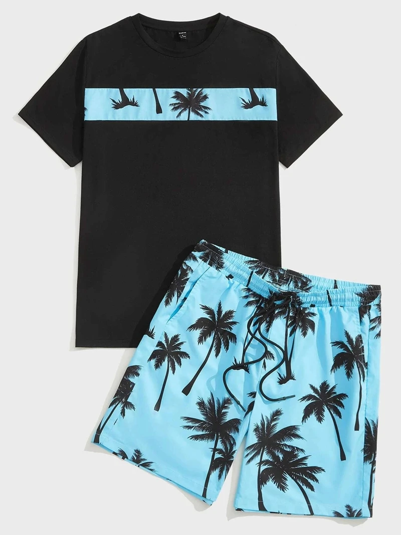 

Casual Coconut Tree Print Pajama Set Short Sleeve T-Shirt And Shorts Hawaiian Style Comfortable Relaxed Fit Men's Sleepwear Pjs