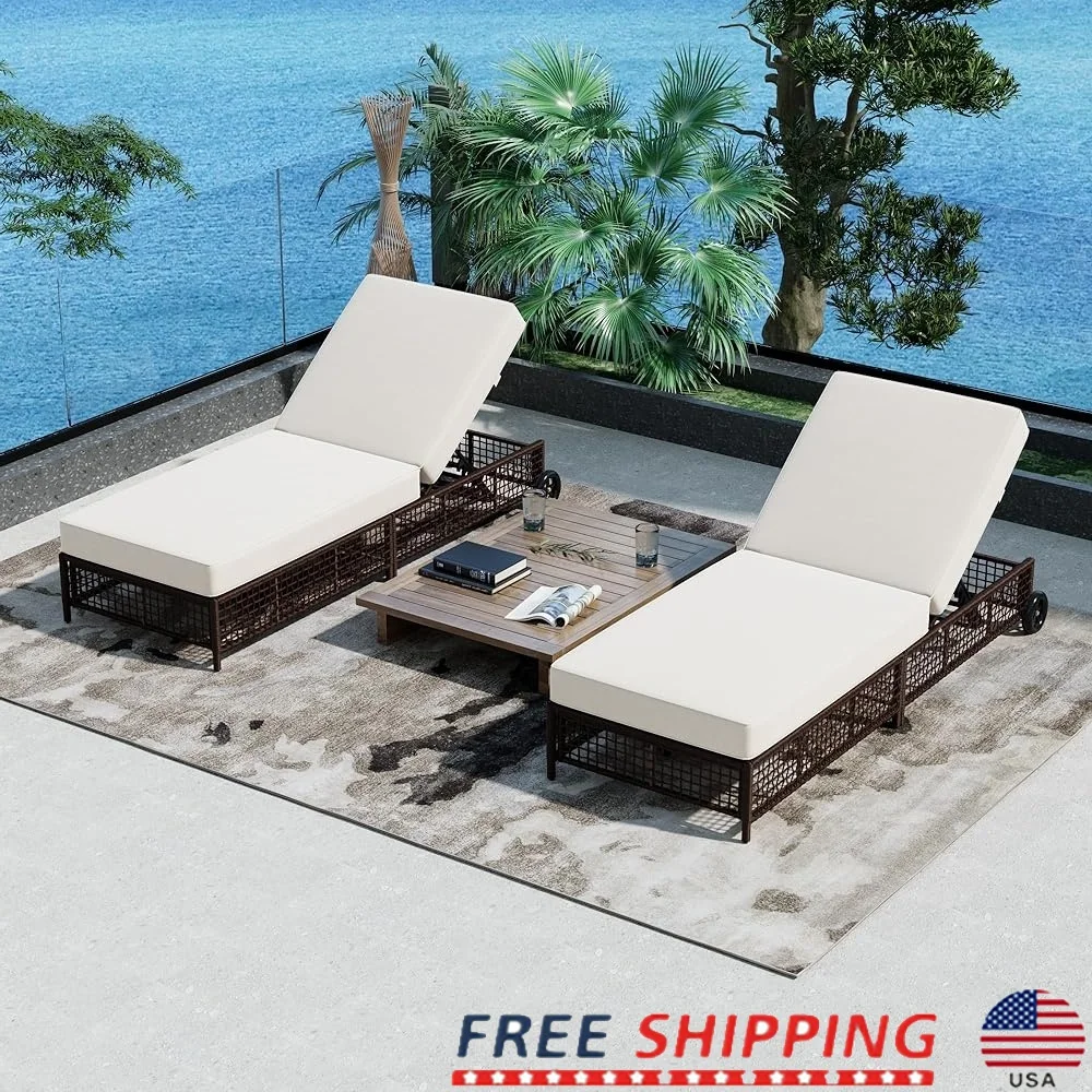 

Outdoor Patio Chaise Lounge Set of 2 Rattan Chairs Adjustable Backrest Wheels Cushion Weather Resistant Poolside Backyard