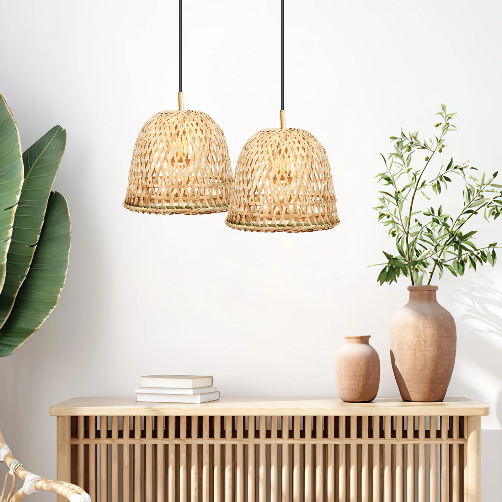 2 Pcs Bamboo Lampshade Ceiling Accessory Lampshades Decor Light Bulb Rustic Style Woven Weaving for Hanging Khaki