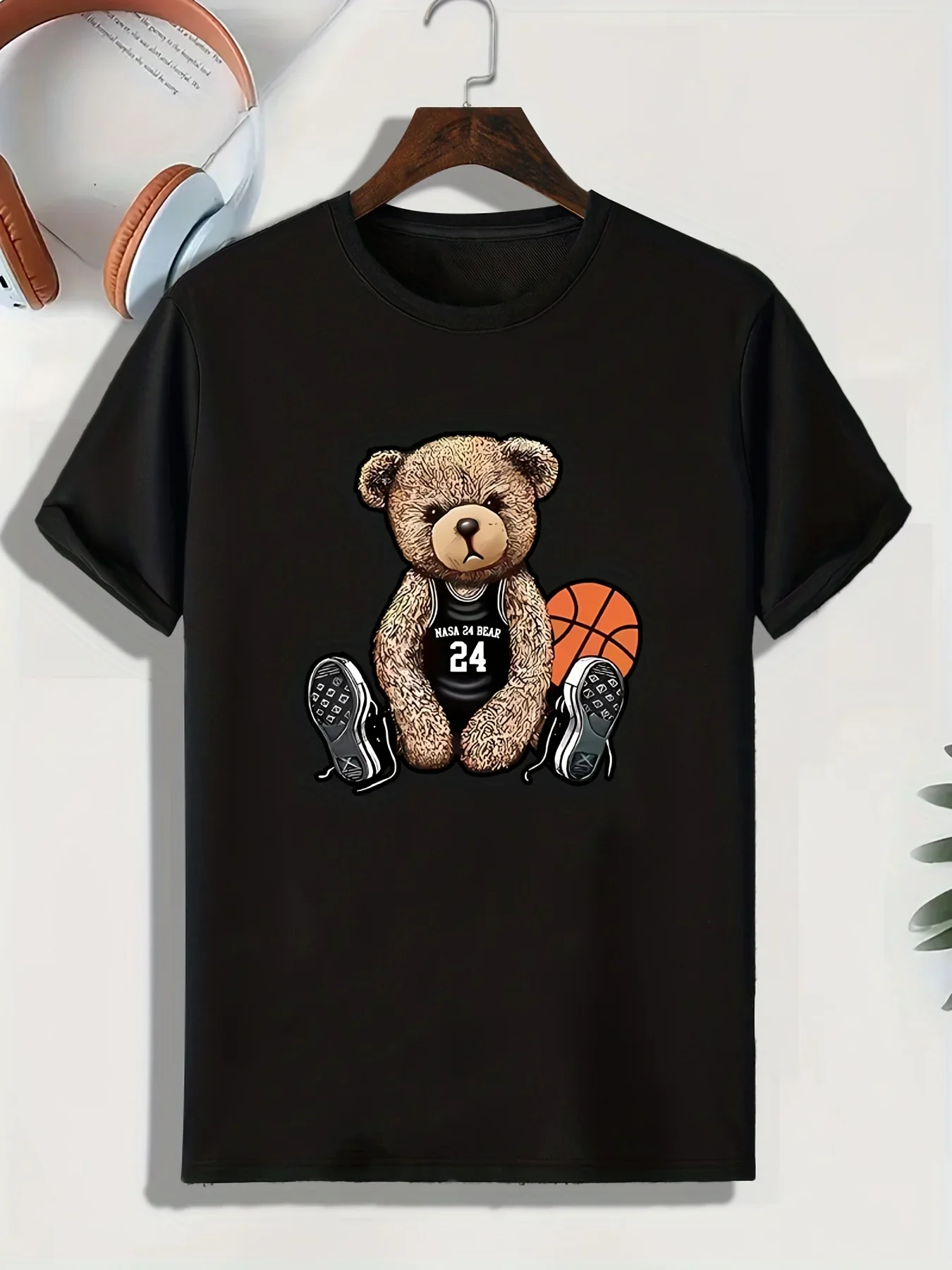 Camiseta de manga corta con estampado de oso de baloncesto para hombre, Camiseta de cuello redondo, camiseta gráfica de moda informal, ropa de estar por casa, pijama, Top para verano