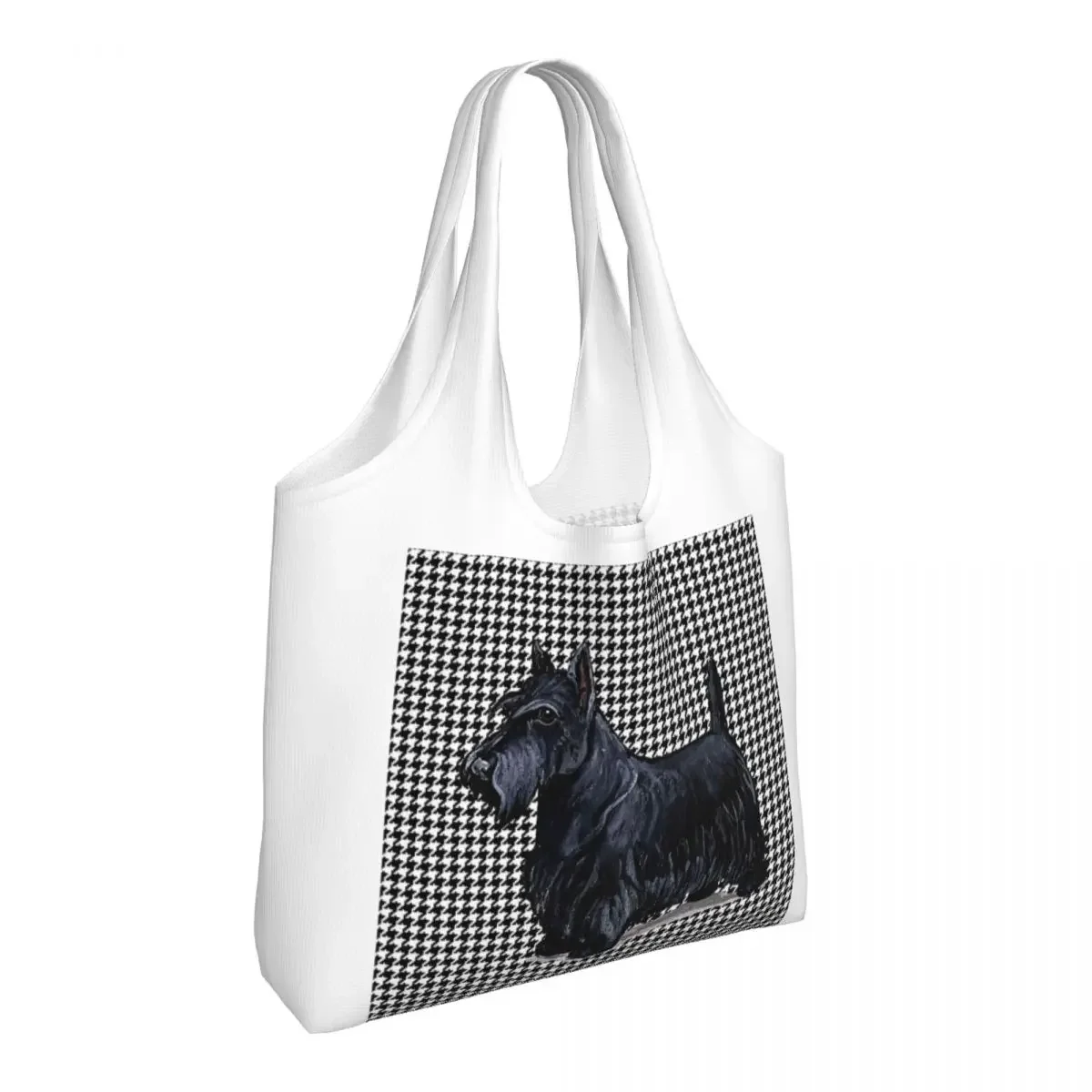 Scottish Terrier Houndstooth Shopping Bag Women Shoulder Canvas Tote Bag Durable Pet Scottie Dog Groceries Shopper Bags Handbags