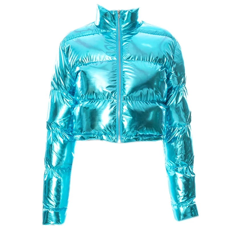 Women Shiny Mirror Faux Leather Puffer for Jacket Long Sleeve Up Stand Collar Cropped Padded Coat Drawstring Hem Dropship