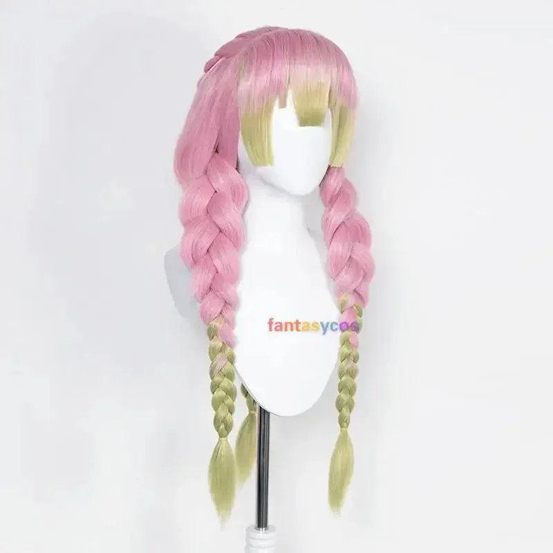 Kanroji Mitsuri Wig Kimetsu No Yaiba Cosplay Costume Long Pink Mixed Green Braid Wigs Party Hair for Halloween Role Play Party