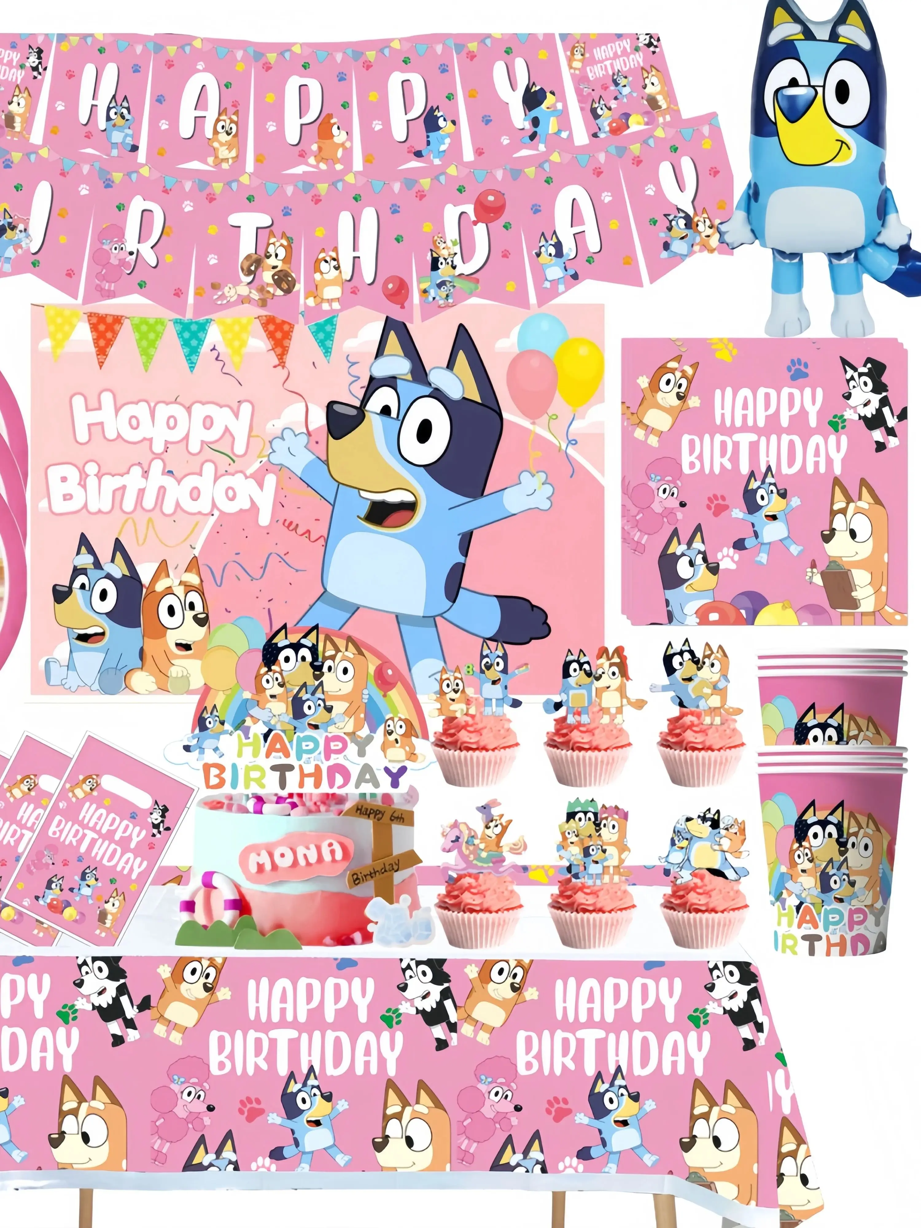Roze Bluey Verjaardagsparty Decoratie Set Bingo Puppy Beker Bord Servetten Ballonnen voor Kindergeschenken Fotohokje Babyshower - afbeelding 2