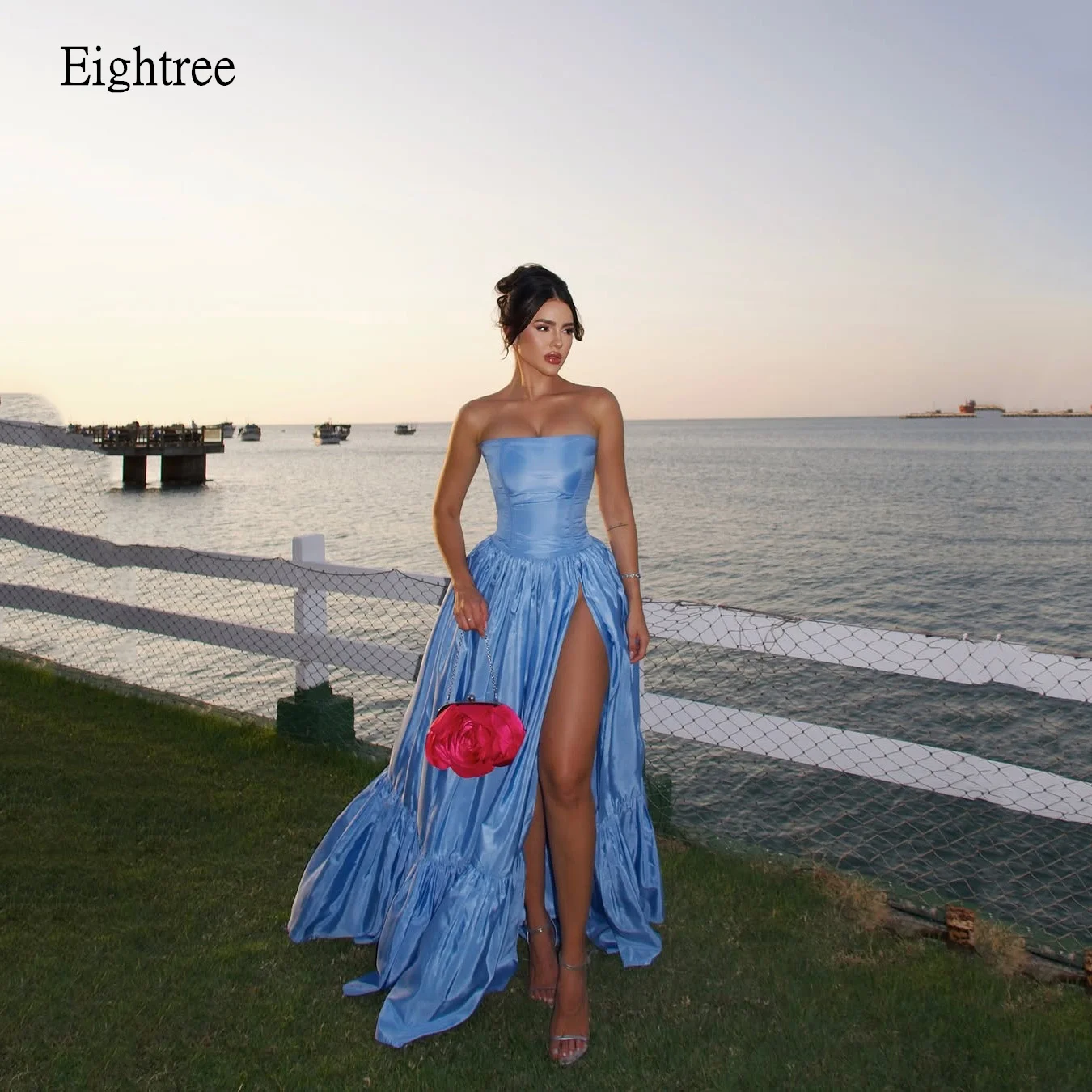 

Eightree Simple Blue A-line Evening Dresses Strapless Prom Gown Side Slit Floor Length Women Formal Party Gowns Customized