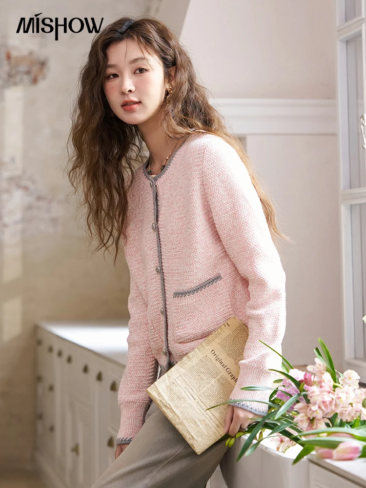 MISHOW Pink Patchwork Contrast Color Knitted Cardigan for Women Spring 2024 Sweet Round Neck Chic Love Button Tops MXD14Z0550