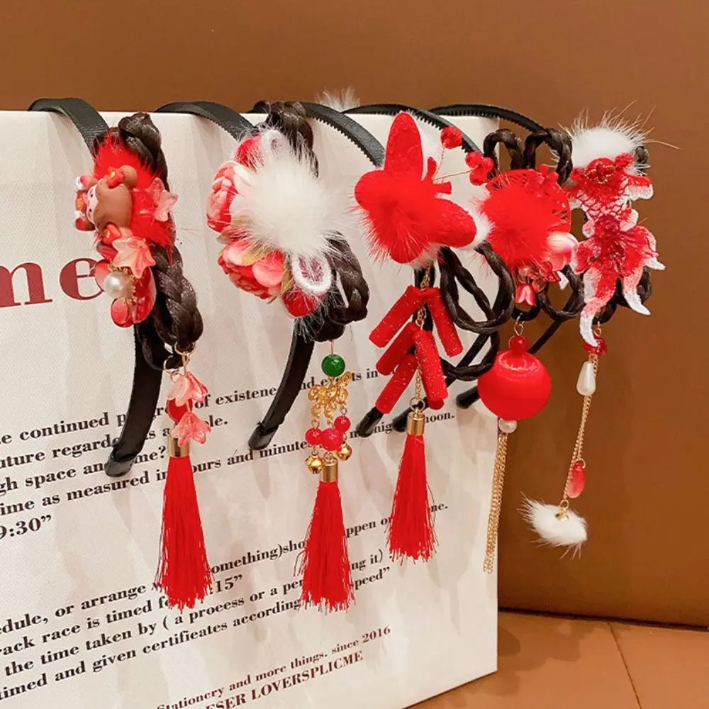 伝統的な中国風の漢服ウィッグヘッドバンドパールレッドフラワータッセルヘッドバンド頭飾り古代新年帽子子供