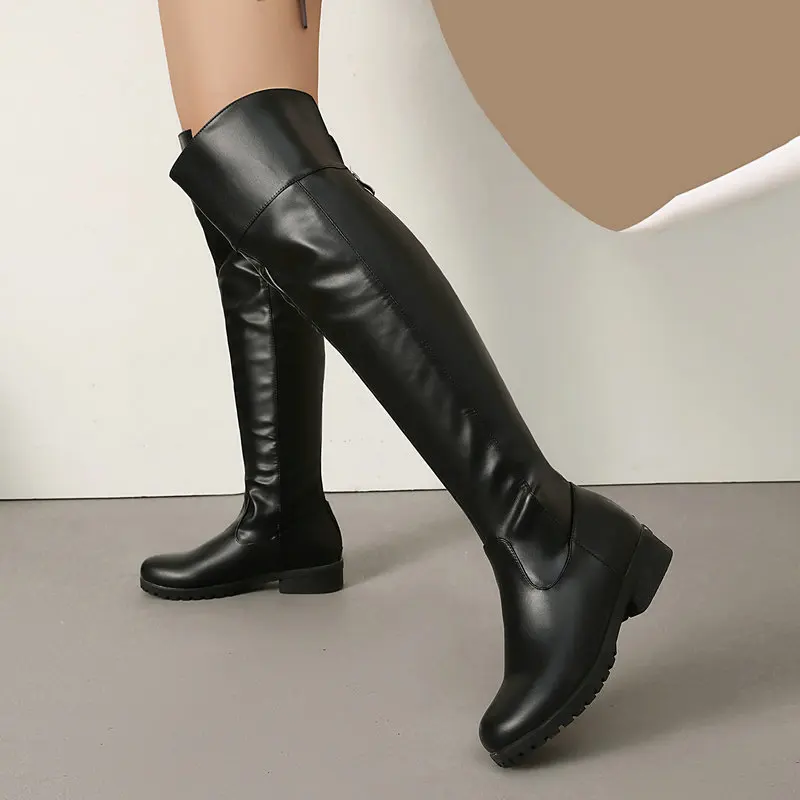 Women Knee High Boots Back Zipper Flat Low Heel Round Toe Long Tall Boots Ladies Fashion Riding Boots Daily Walking Shoes