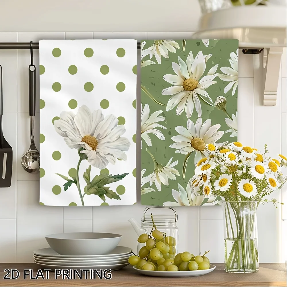 2 packs of kitchen towels, dishtowels, spring daisy polka dot pattern absorbent kitchen towels, kitchen towels
