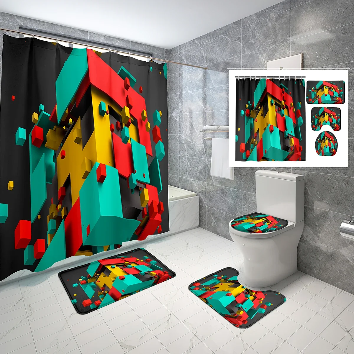 4 Pcs 3D Geometric Shower Curtain Sets with Non-Slip Rugs Mat Toilet Lid Art Colorful Cube Shapes Waterproof Shower Curtain Set