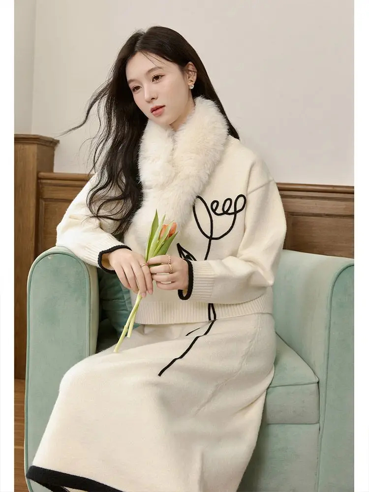 Autumn New Chic Casual Knitt Two-Piece Women's Fashion Loose Crewneck Pullover Sweater High Waist Sweater Skirt Suit E12158