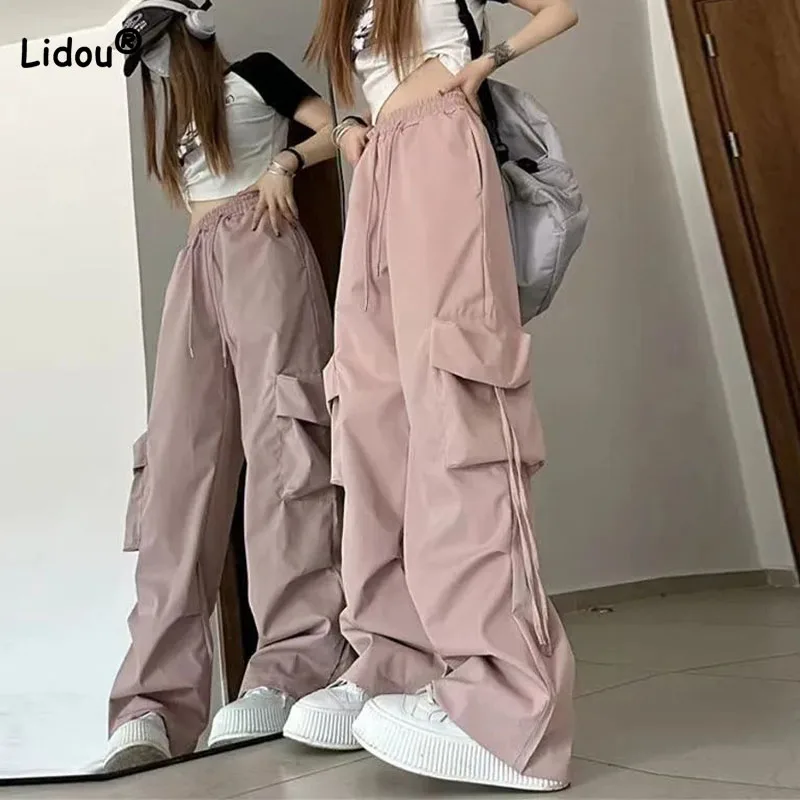 

American Vintage Pockets Spliced Cargo Pants for Female Summer High Waist Loose Casual Solid Wide Leg Trousers Women's Clothing