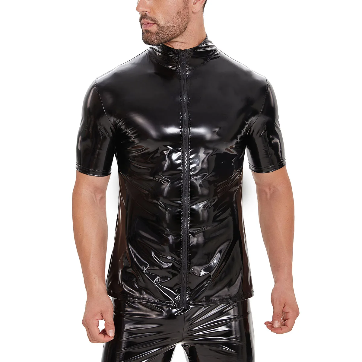 Shiny Leather Shirt For Men Short Sleeve Full Zippper Glossy PVC Leather Tops Plus Size Wetlook Latex Shaping Casual Shirt Sexi