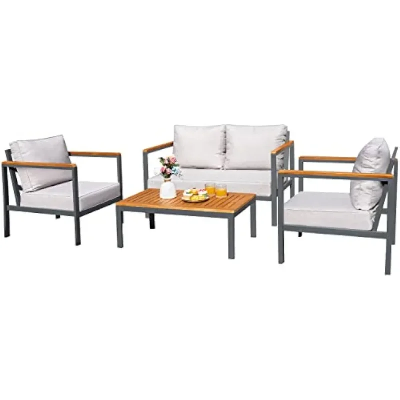 4 Piece Furniture Patio Lounge Conversation Set Solid Wood Armrest & Table Top Anti-Drop Thick Waterproof Cushion, Beige