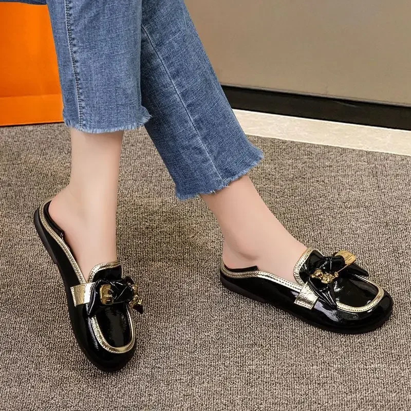 Flats Shoes for Women Low Heel Elegant Woman Footwear Flat Black Normal Leather Casual Round Toe Trend Y2k Luxury Brand Popular