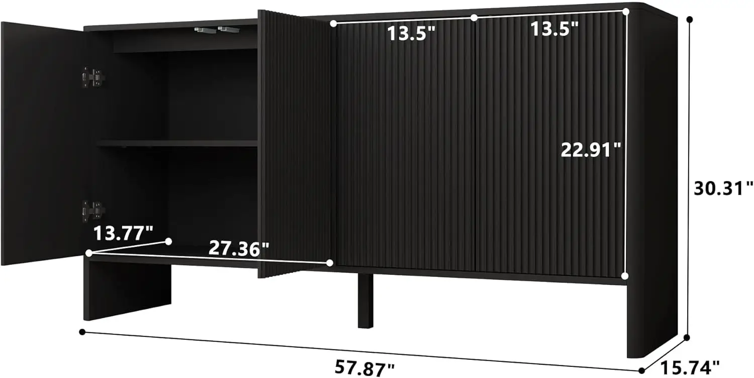 Buffets Cabinet, Modern Accent Storage Cabinet with 4 Fluted Doors and Adjustable Shelves, Wood Credenza Buffet Sideboards, Cons