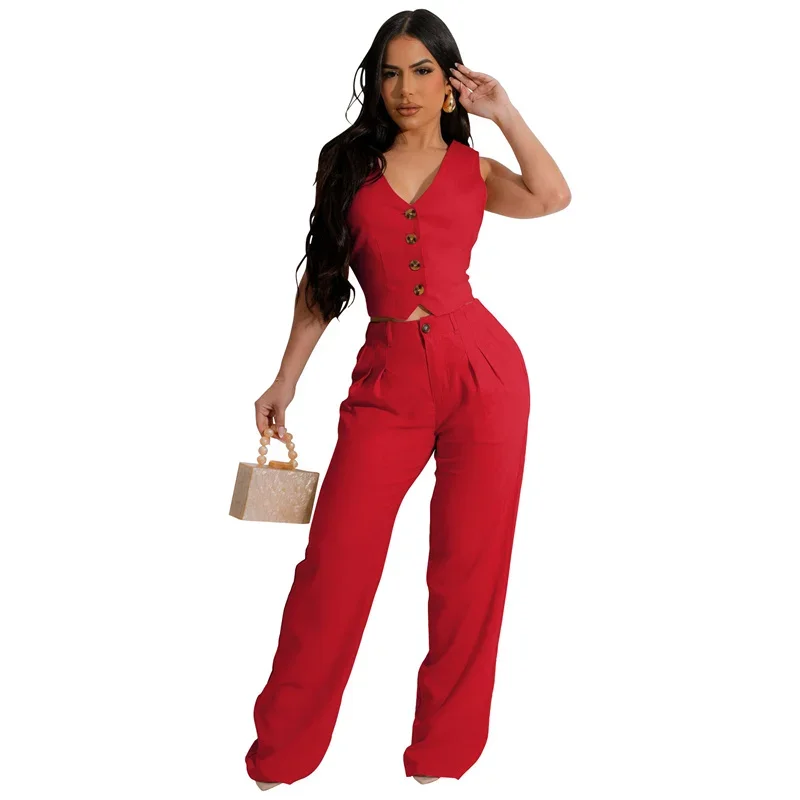 Fashion Elegant Two Piece Set for Women Workwear Office Lady Sleeveless Vest Single-breasted Top + Wide Leg Pants Business Suit