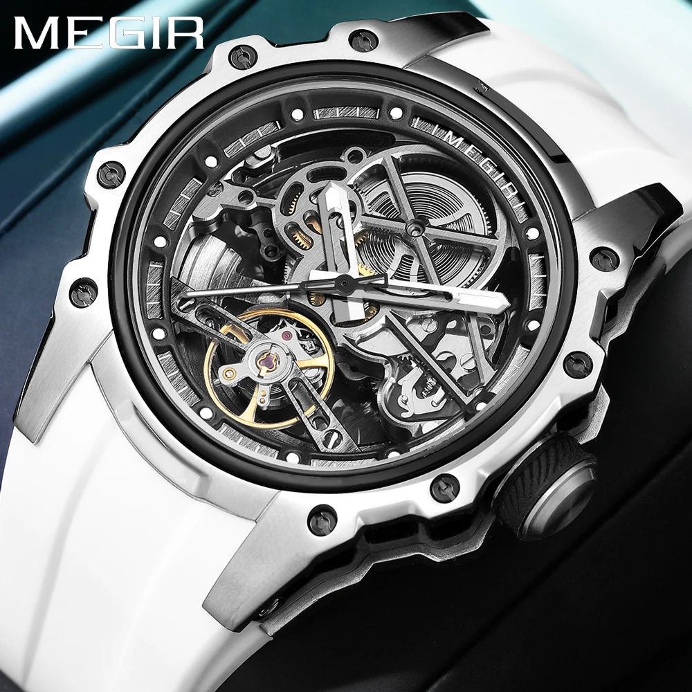 MEGIR 2243 Octagonal Skeleton Auto Watch Men Luminous Dial Stainless Steel Silicone Strap Pin Buckle Luxury Hollow Male Gift