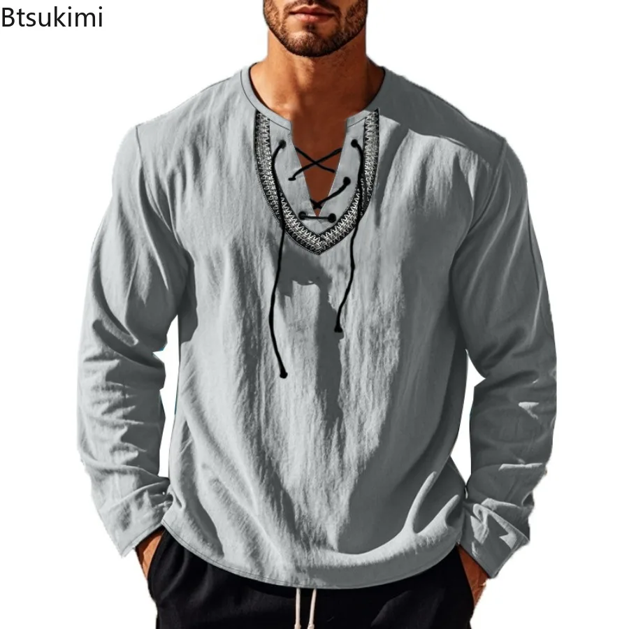 2026 Spring Autumn Cotton Linen Shirts for Men Casual Fashion V-neck Tie Up Long-sleeved Shirts Men Retro Loose Vacation Blouses