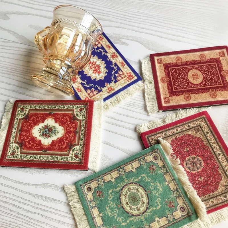 Mini Woven Rug Mat Persian Mouse Pad Retro Style Carpet Pattern Cup Laptop PC Fring Home Office Table Decor Craft Ethnic Style
