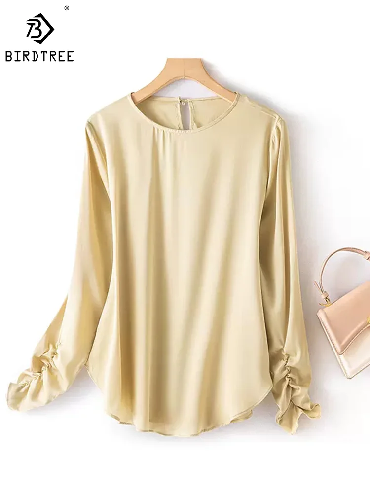 BirdTree, 93% Silk 7%Spandex, Women Solid Lantern Sleeve T-Shirts, Elegant Fashion Tee, 2024 Spring Summer New Top T43280QM