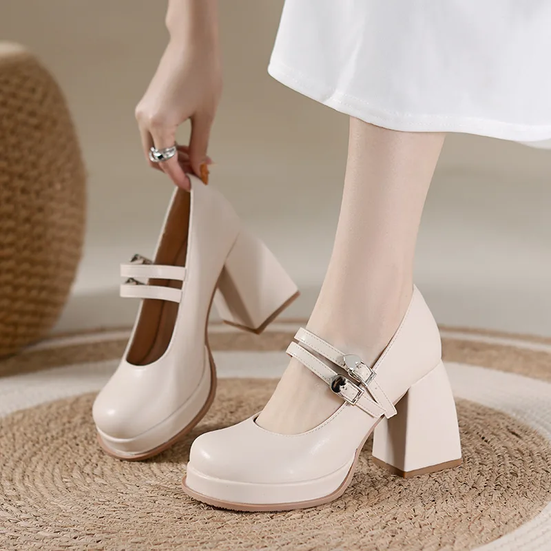 النمط الفرنسي ماري جين أحذية للنساء الربيع والخريف جولة تو منصة حذا فردي للسيدات مكتنزة براءات الاختراع والجلود عالية الكعب