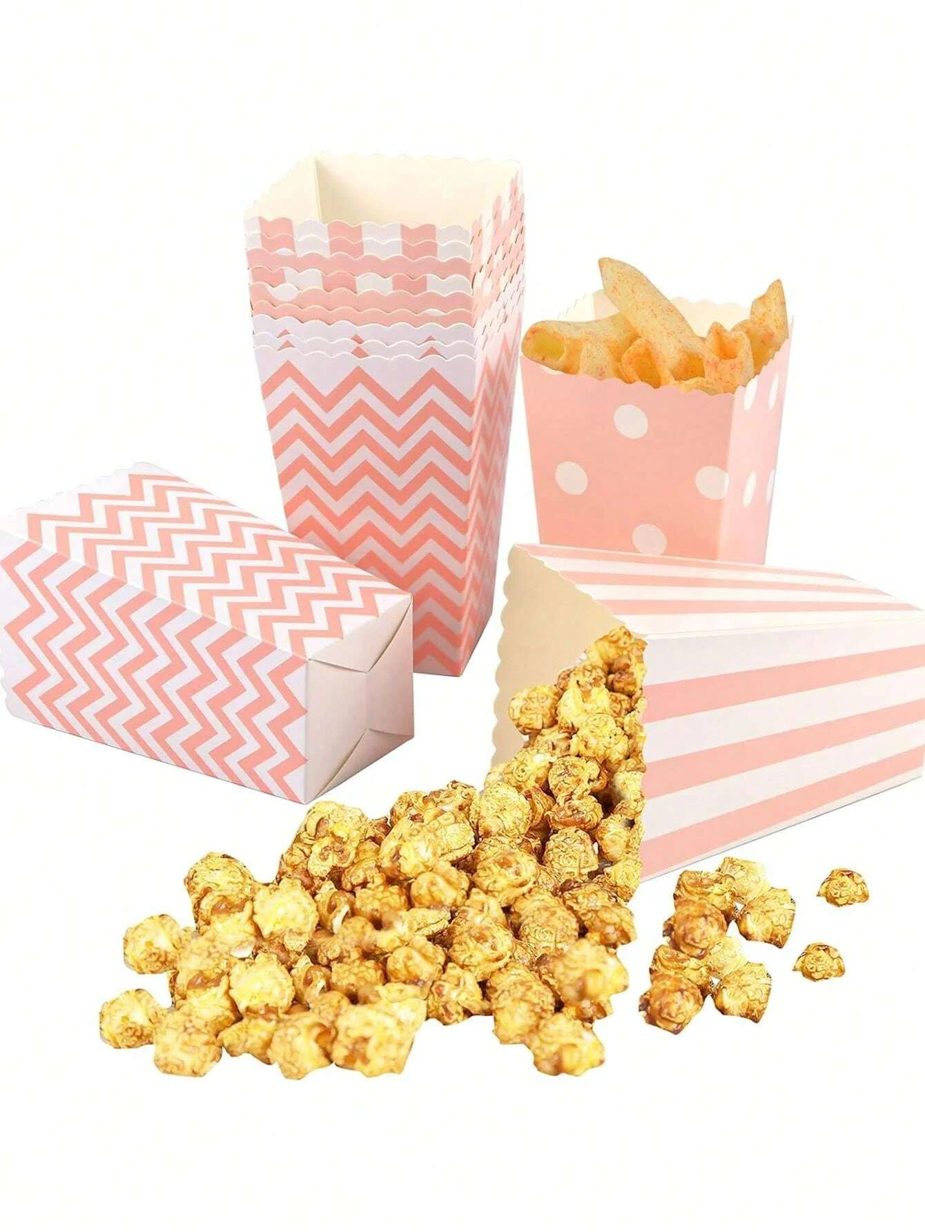 12Pcs Popcorn Paper Boxes Buckets Pink White Stripes Bags Snack Containers for Movie Night Birthdays Carnival Party Supplies