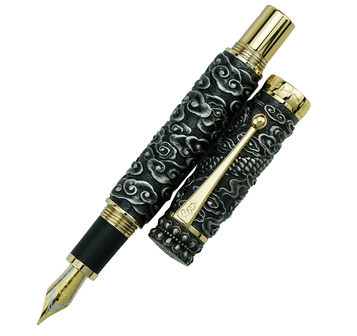 Jinhao-pluma estilográfica de Metal completo de lujo con Clip, dragón dorado pesada de pluma de tinta/gris, punta fina de iridio/punta doblada,