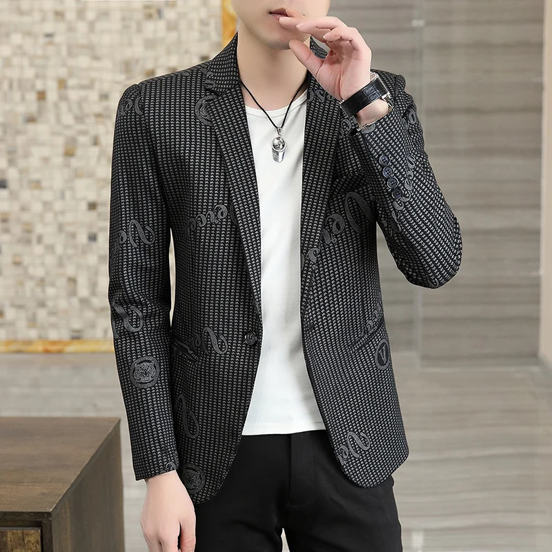 2023New fashion all-in-one Korean version slim striped letters two optional fine men's fashion casual high-quality suit