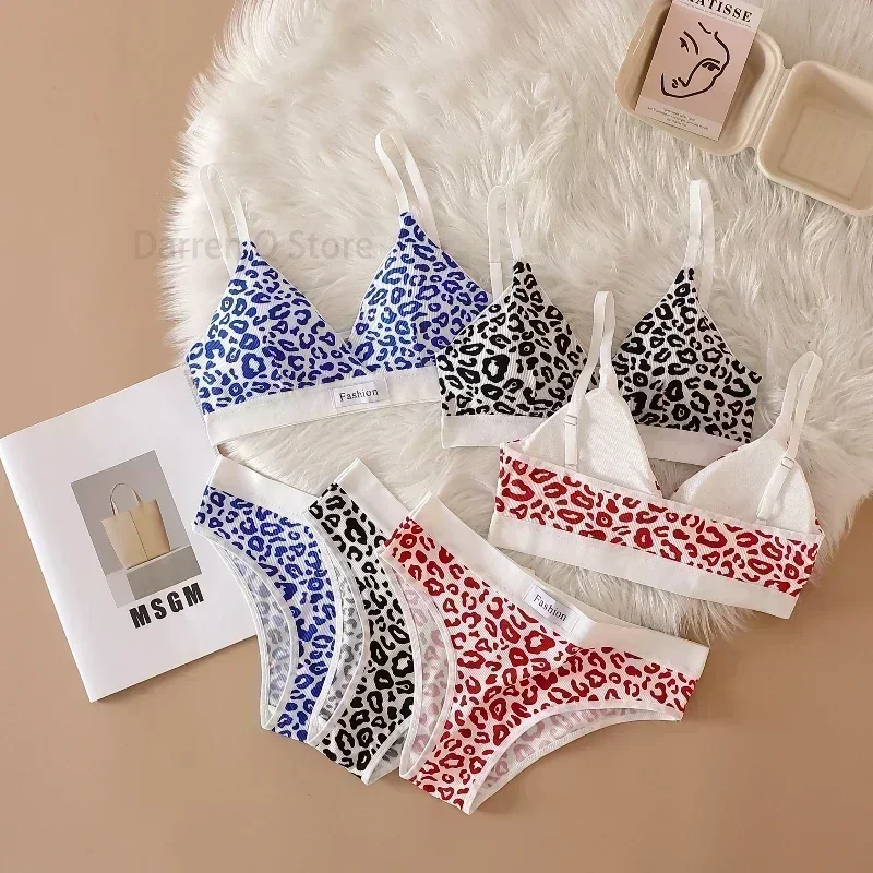 النساء سلس الصدرية مجموعة منخفضة الخصر سراويل ليوبارد Bralette مثير مجموعة الملابس الداخلية Vneck الرياضة حمالة الإناث ملابس داخلية قطنية مجموعة