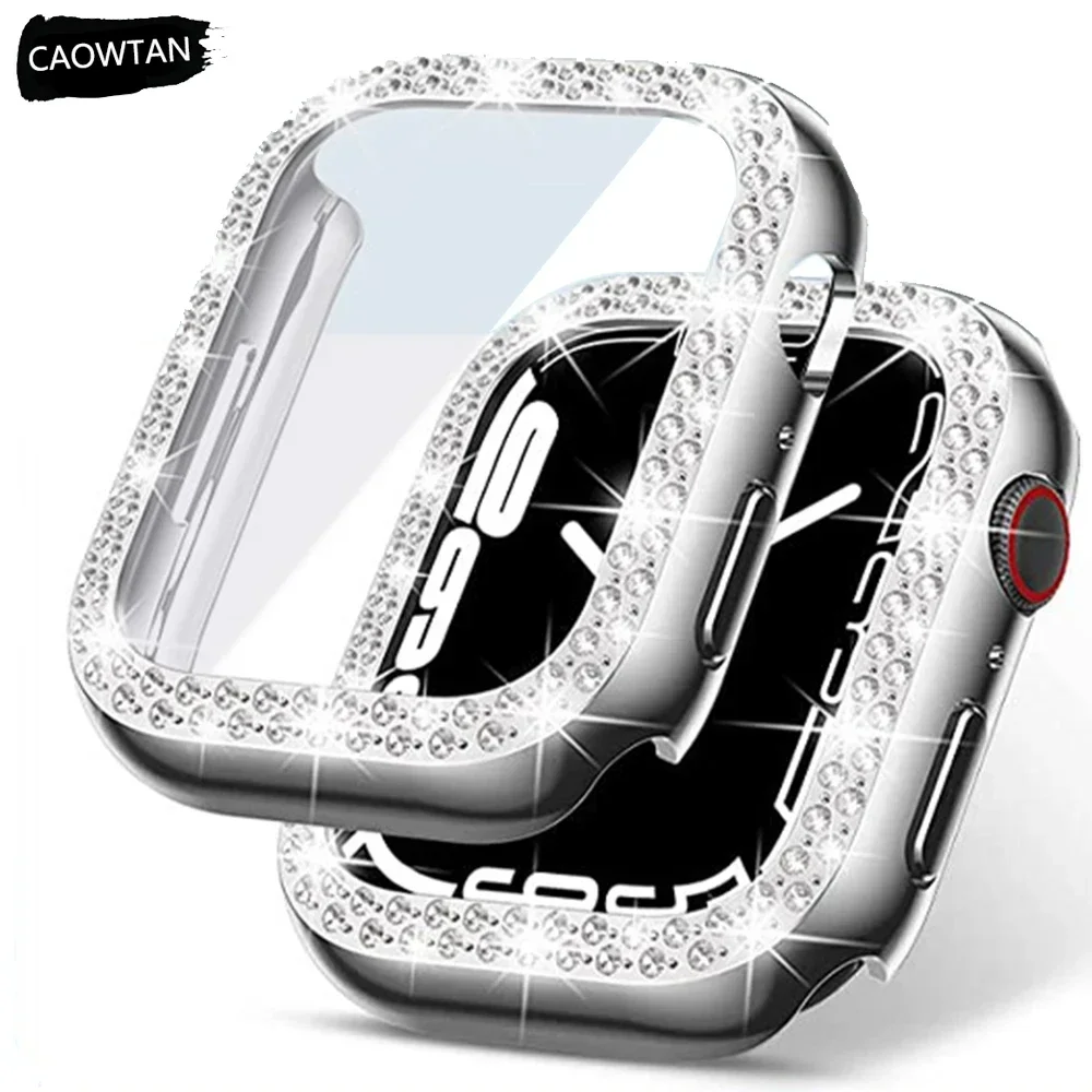 Glass+Diamond Cover For Apple Watch Case 46mm 42mm Bling Bumper Screen Protector for iWatch series 10 46 42 mm WatchCase film