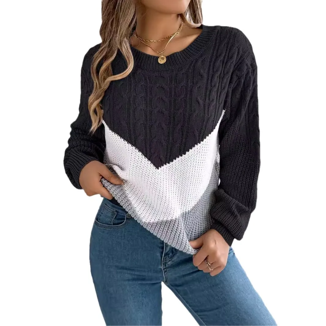 

2025 Autumn Winter Women's Sweater Tops Sweaters Casual Color-Blocked Knitted Pullover Sweater with Twisted Lantern Sleeves