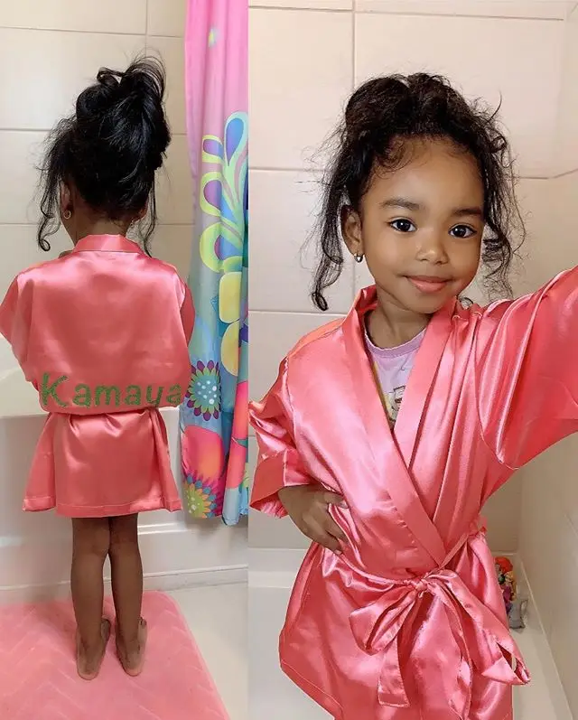 Baby Girl Solid Color Pajamas Silk Satin Gown Sleepwear Plain Kimono Robe Toddler Kids Nightwear Outfit