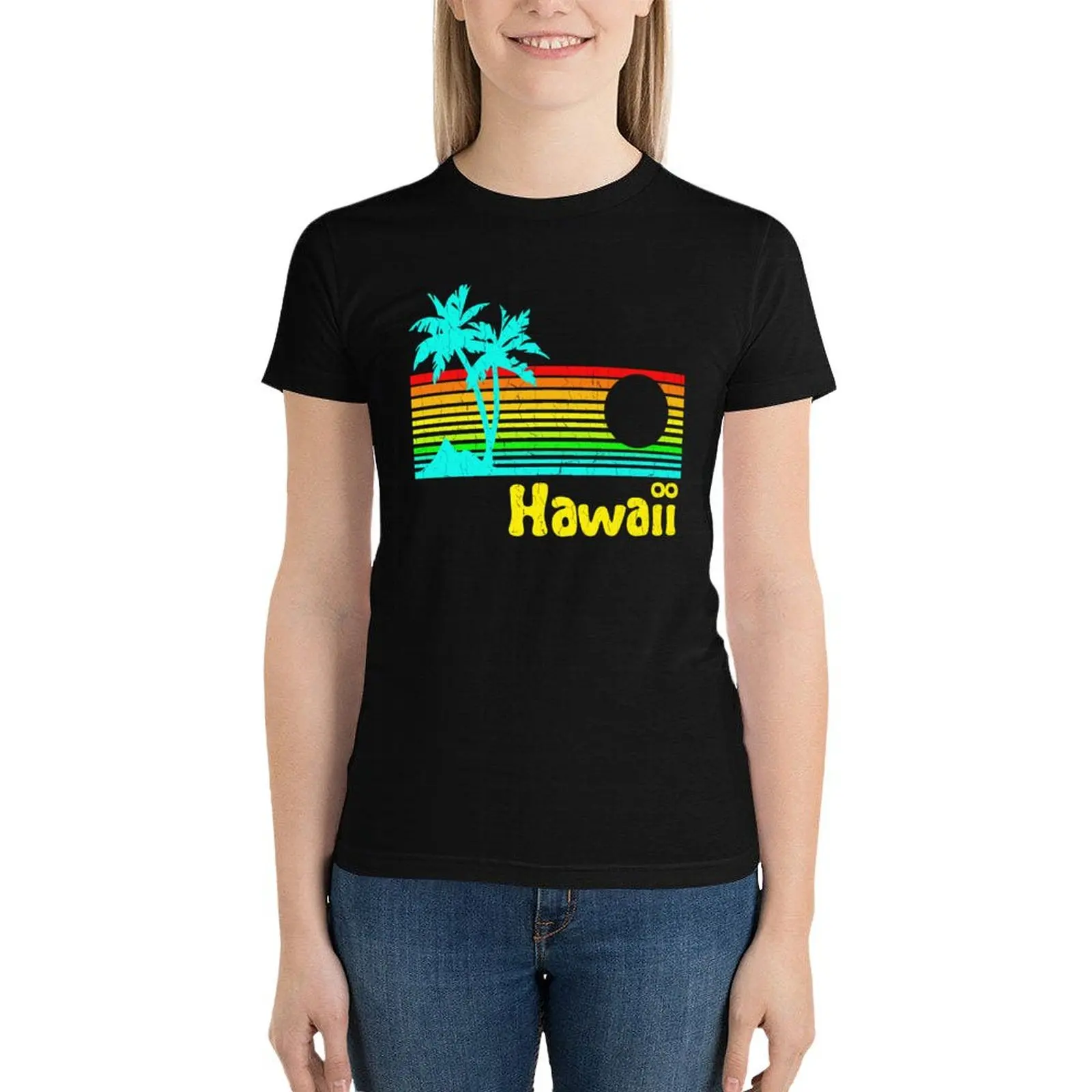 Camiseta Vintage de los años 80 Hawaiana para mujer, camiseta de manga corta, camisetas de gato, diseño desgastado