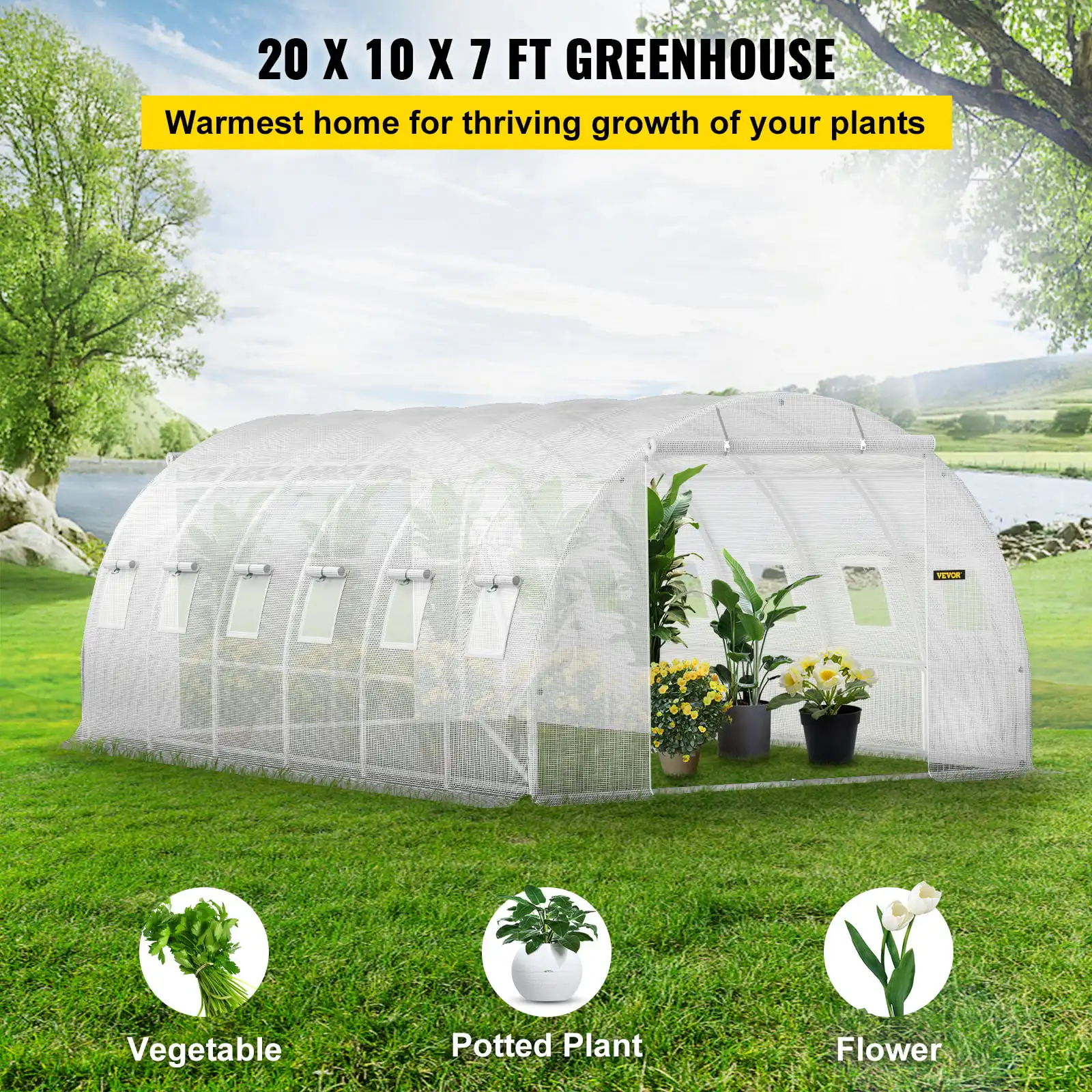 

Walk-in Tunnel Greenhouse,20x10x7 ft/15x7x7 ft/12x7x7 ft/10x7x7 ft Portable Plant Hot House, Galvanized Steel Hoops, Green/White