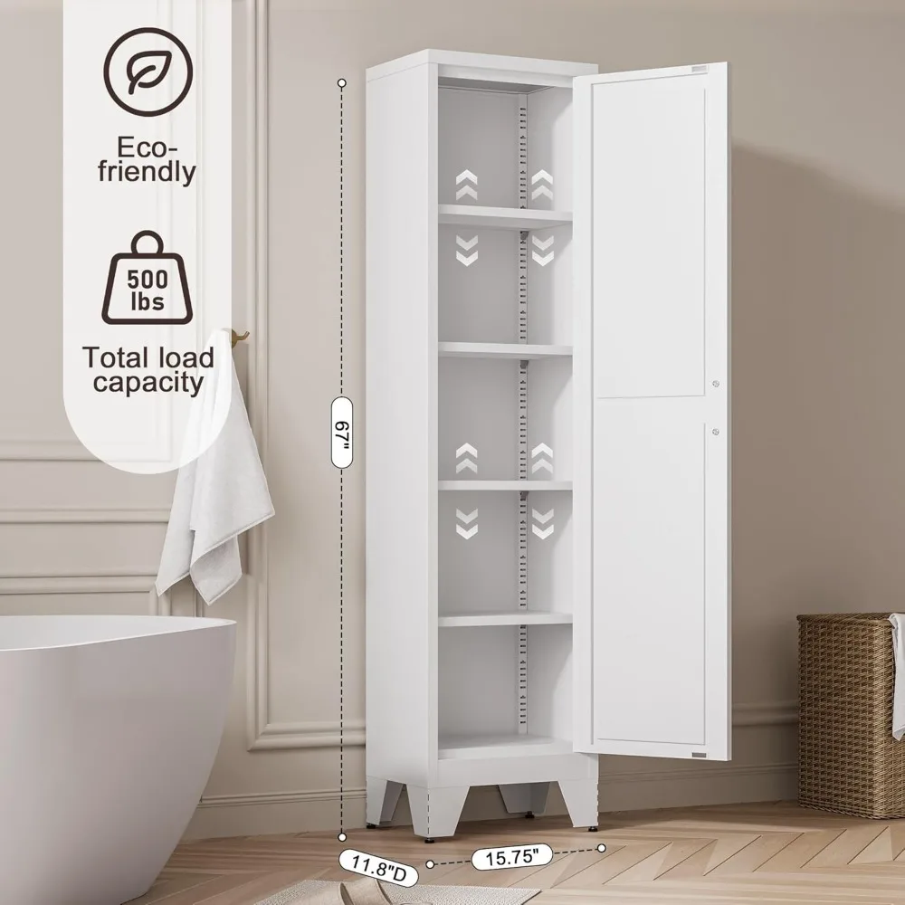Tall Bathroom Cabinet,Narrow Metal Storage Cabinet with 5 Adjustable Shelves and Single Barn Door,Slim Pantry Storage Organizer - Image 2