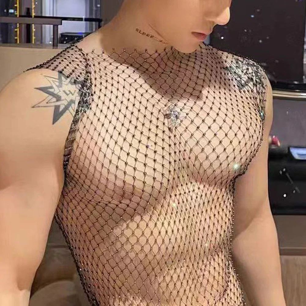 Mens Flash Diamond Vest Mesh Navel Tank Tops Sexy Fishnet Perspective Personality T-Shirt Trend Nightclub Unisex Sexy Underwear