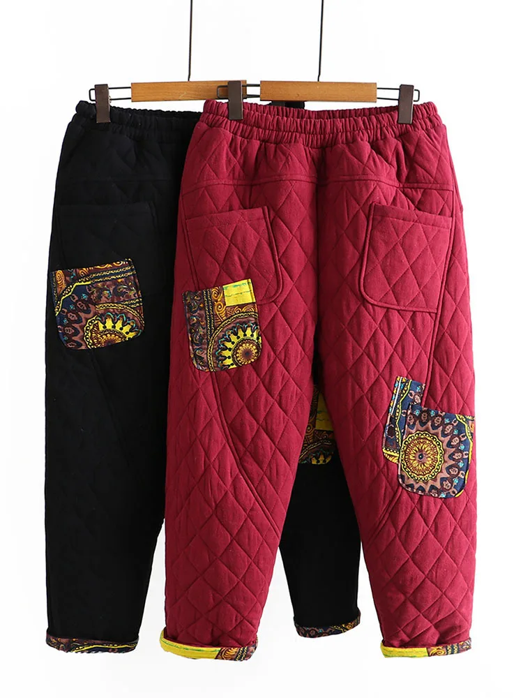 Women Warm Quilted Pants Elastic Waist Loose Solid Color Thick Trousers 2024 Autumn Winter New Vintage Pocket Casual Harem Pants