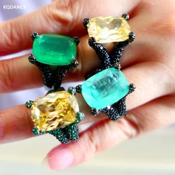 KQDANCE Luxury Black Gold Plated Big 12*16mm Lab Created Emerald Green Paraiba Tourmaline Yellow CZ Diamond Rings Jewelry New